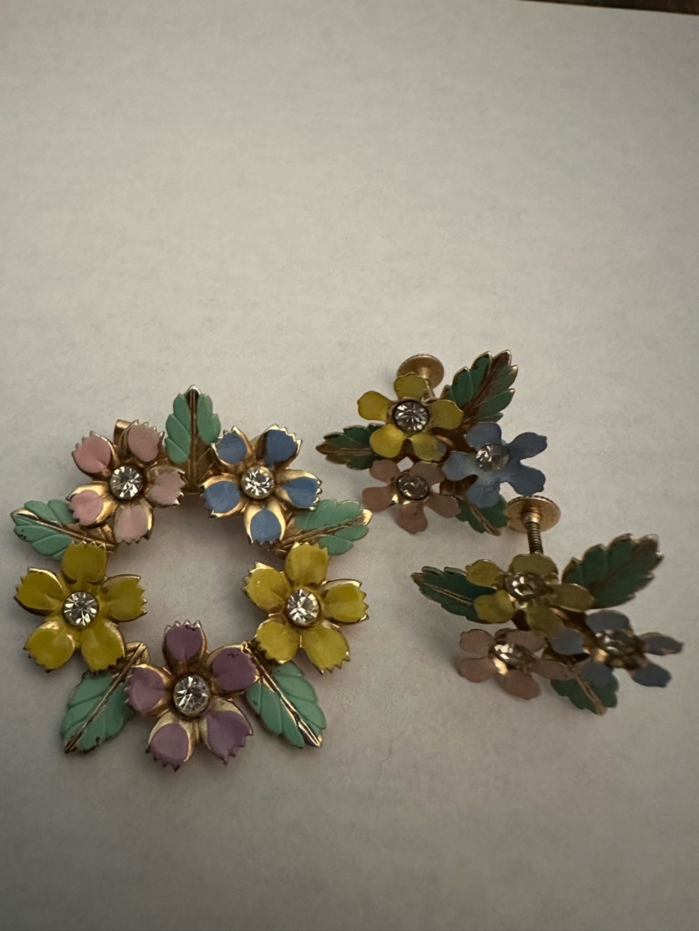 Pastel Floral Enamel Brooch with Matching Earrings - Yellow, Pink, Blue, Green